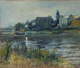 AGO.46082	Pierre-Auguste Renoir, The Seine at Chatou, c. 1871. Oil on canvas: 46.7 x 56.1 cm. Purchase, 1935. 2304.	 Impressionist painting of the Seine river with brush in the foreground, houses on the far side of the river, and a bright reflection of the sun in the water