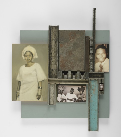 Kelani Abass. Scrap of Evidence, Makohun I, 2019. Digital print, oil on canvas, cornerstone, rubber block.