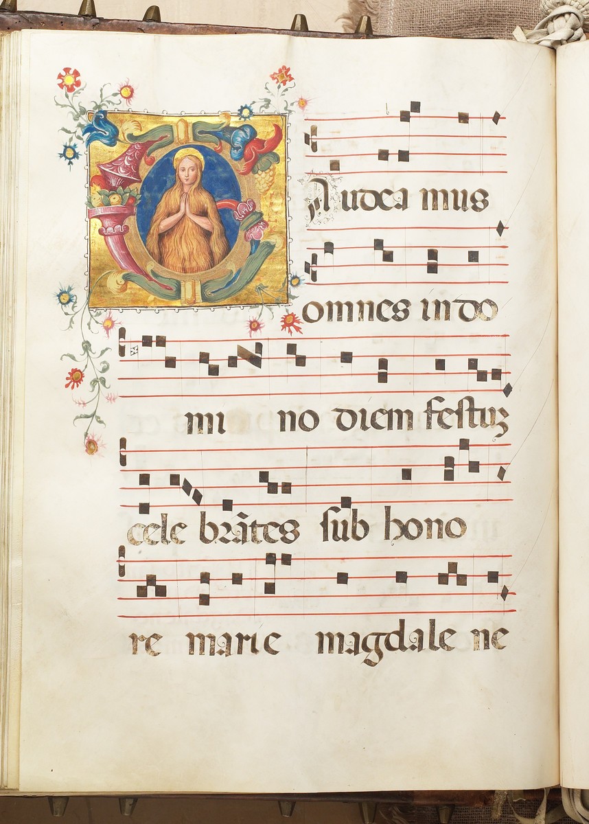 Eufrasia Burlamacchi, Mary Magdalene in the initial G in Illuminated Antiphonies, vol. 5, c.1503-1515. Iron gall ink and red ink, opaque watercolour, gold leaf, and shell gold on vellum with leather binding